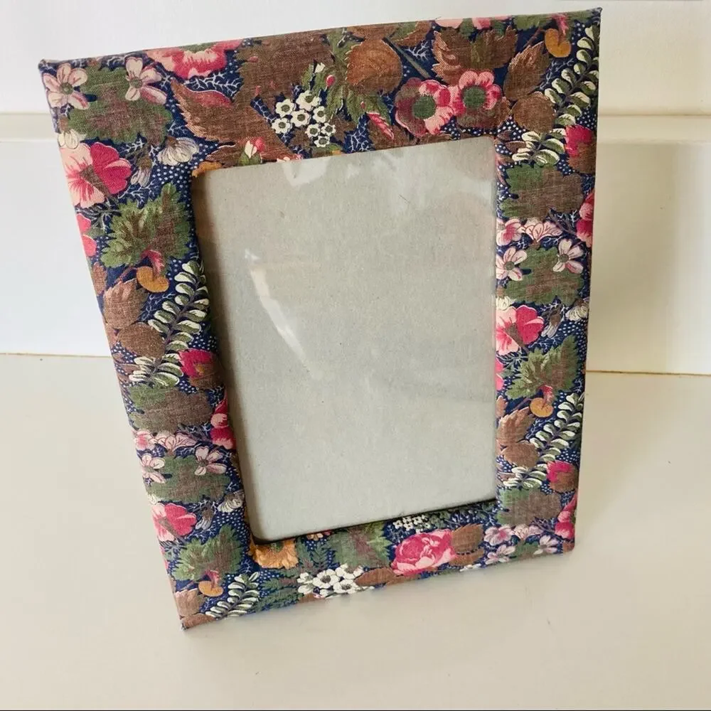 VINTAGE Blue Pink White Floral Print Fabric Handmade Photo Picture Frame Y2K 90s